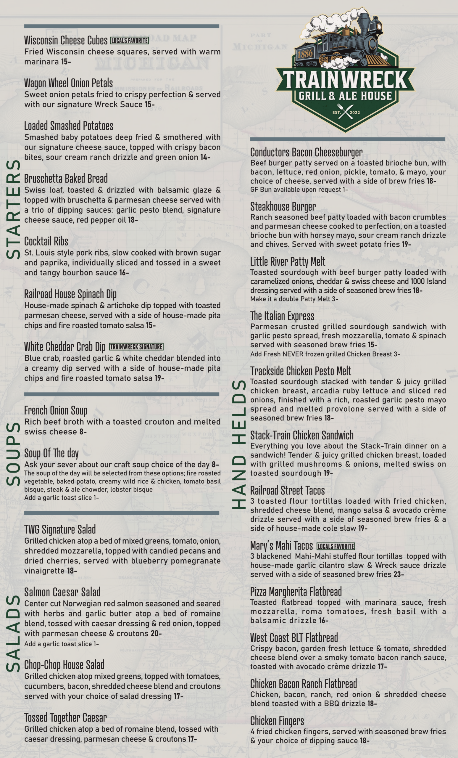 Trainwreck Grill & Ale House menu page featuring burgers, sandwiches, appetizers, soups, salads, flatbreads, tacos, and signature pub-style favorites in Coldwater Michigan.