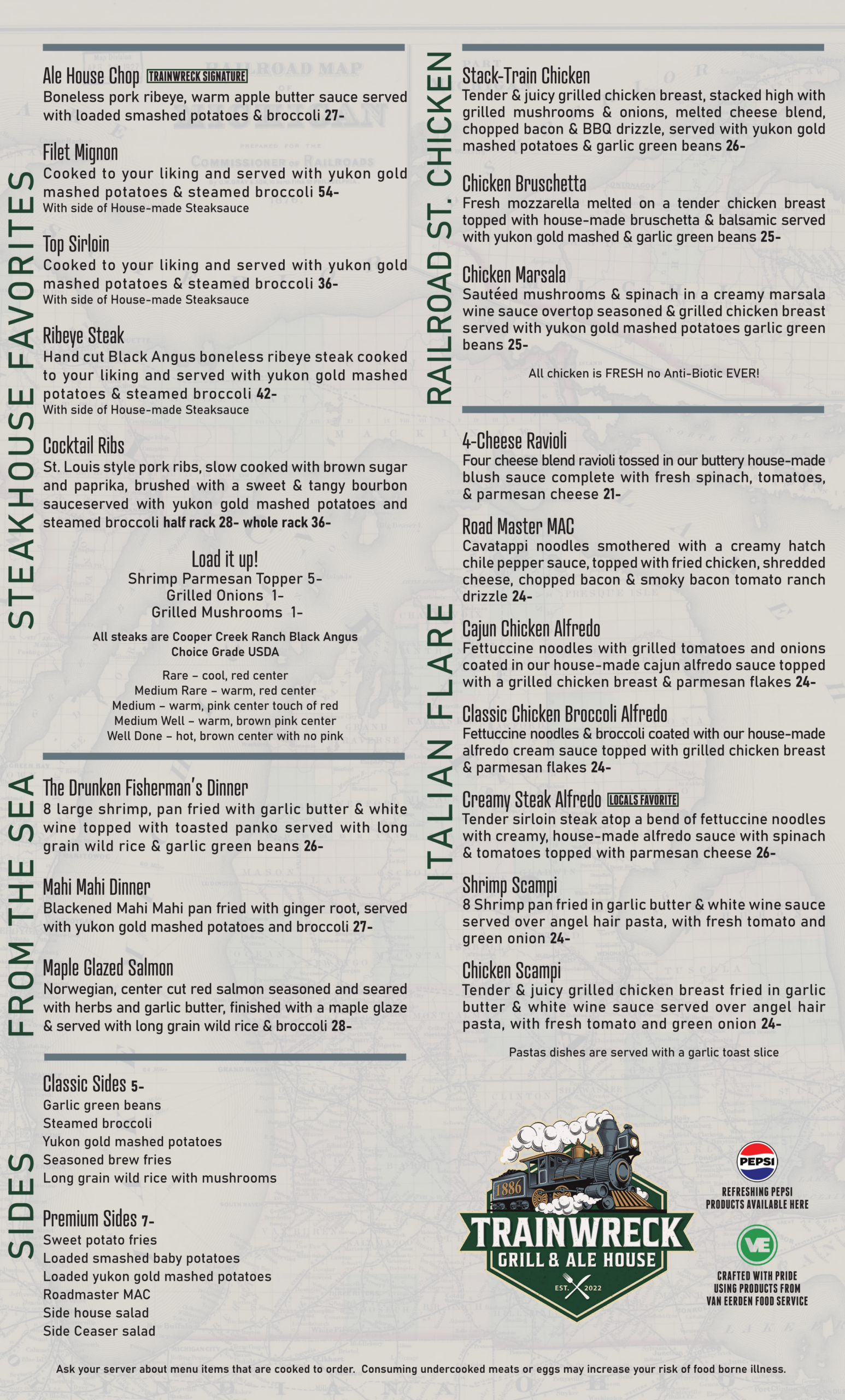 Trainwreck Grill & Ale House dinner menu featuring steaks, chicken entrees, seafood dinners, pasta dishes, sides, and signature house specialties in Coldwater Michigan.