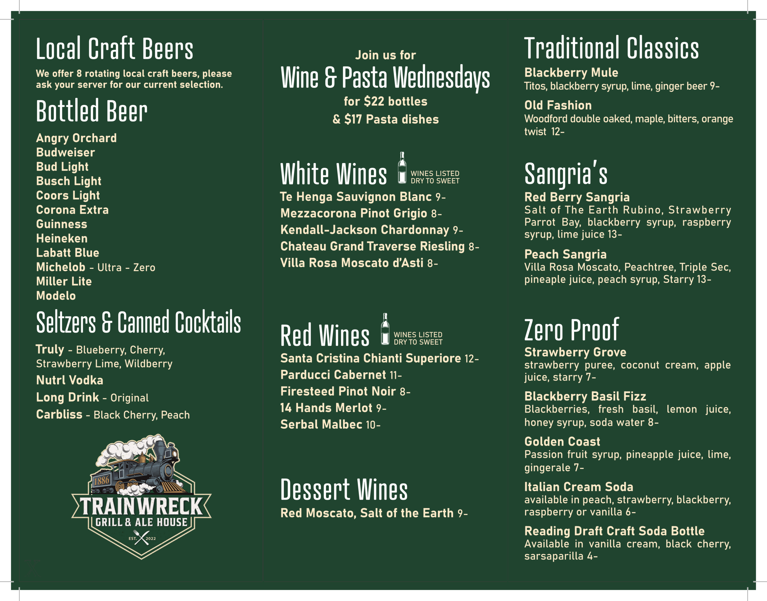 Trainwreck Grill & Ale House drink menu featuring local craft beers, bottled beer, seltzers, canned cocktails, Wine & Pasta Wednesday specials, white wines, red wines, dessert wines, traditional cocktails, sangrias, and zero-proof drinks.