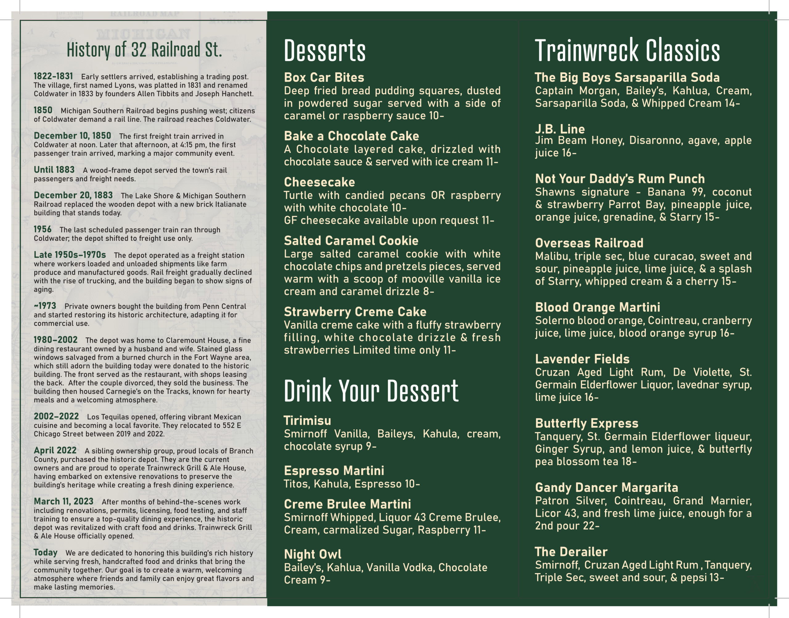 View the Trainwreck Grill & Ale House drink menu featuring rotating local craft beers, bottled beer, canned cocktails, Wine & Pasta Wednesday specials, white and red wines, dessert wines, traditional cocktails, house sangria, and zero-proof beverages. Located in Coldwater, Michigan, Trainwreck offers a unique dining and drink experience with classic favorites and refreshing seasonal selections.